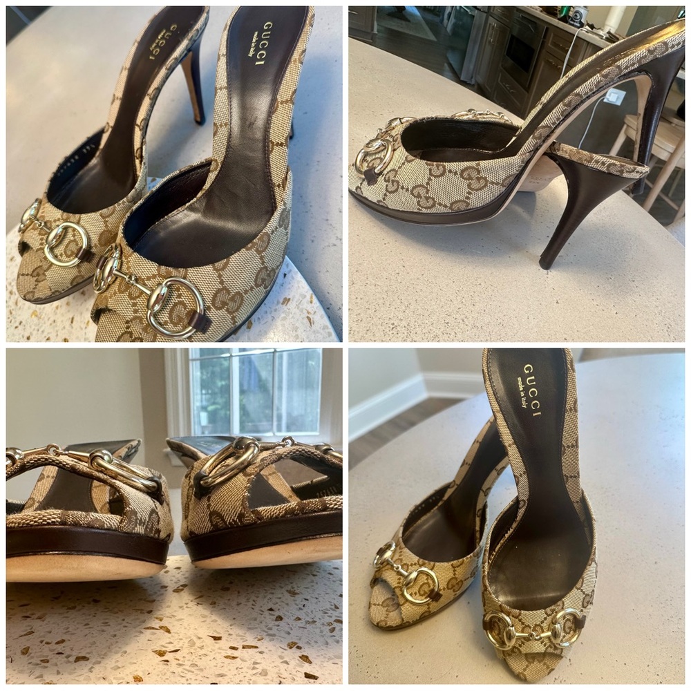 Gucci GG Monogram Gold Tone Horsebit Peeptoe Heel Sandals Size EU 39.5 US 9.5.